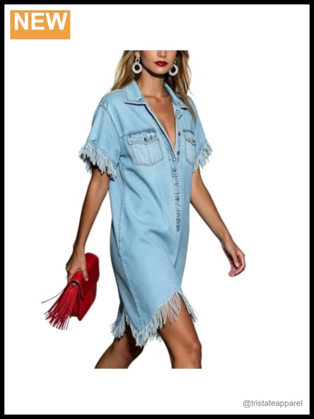 Denim Shirt Dress Western Fringe Half Button Short Sleeve Casual Summer - Picture 2 of 4